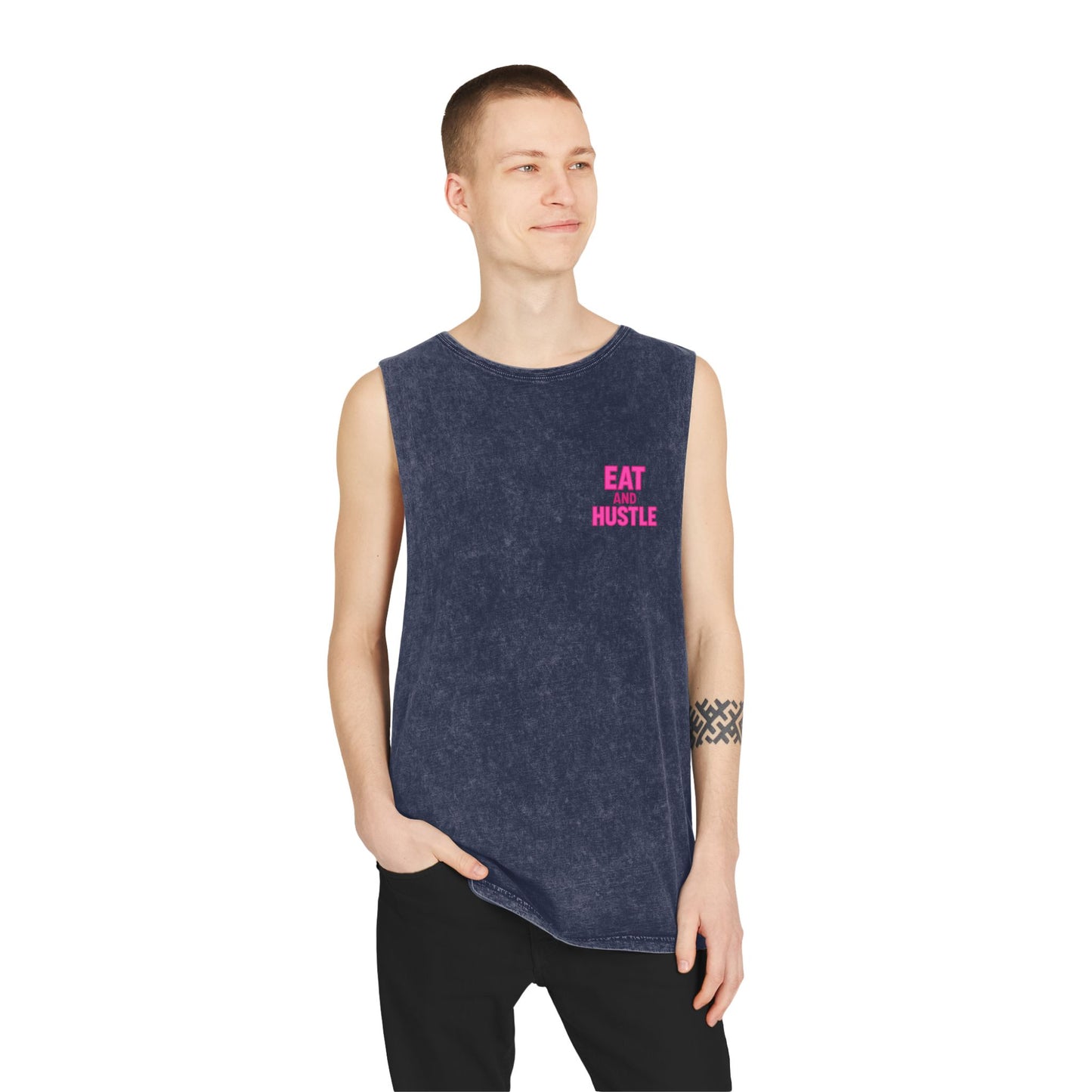Unisex Stonewash Tank Top - Eat and Hustle, Casual Summer Wear, Gym Tank, Unique Gift, Fitness Apparel, Trendy Streetwear
