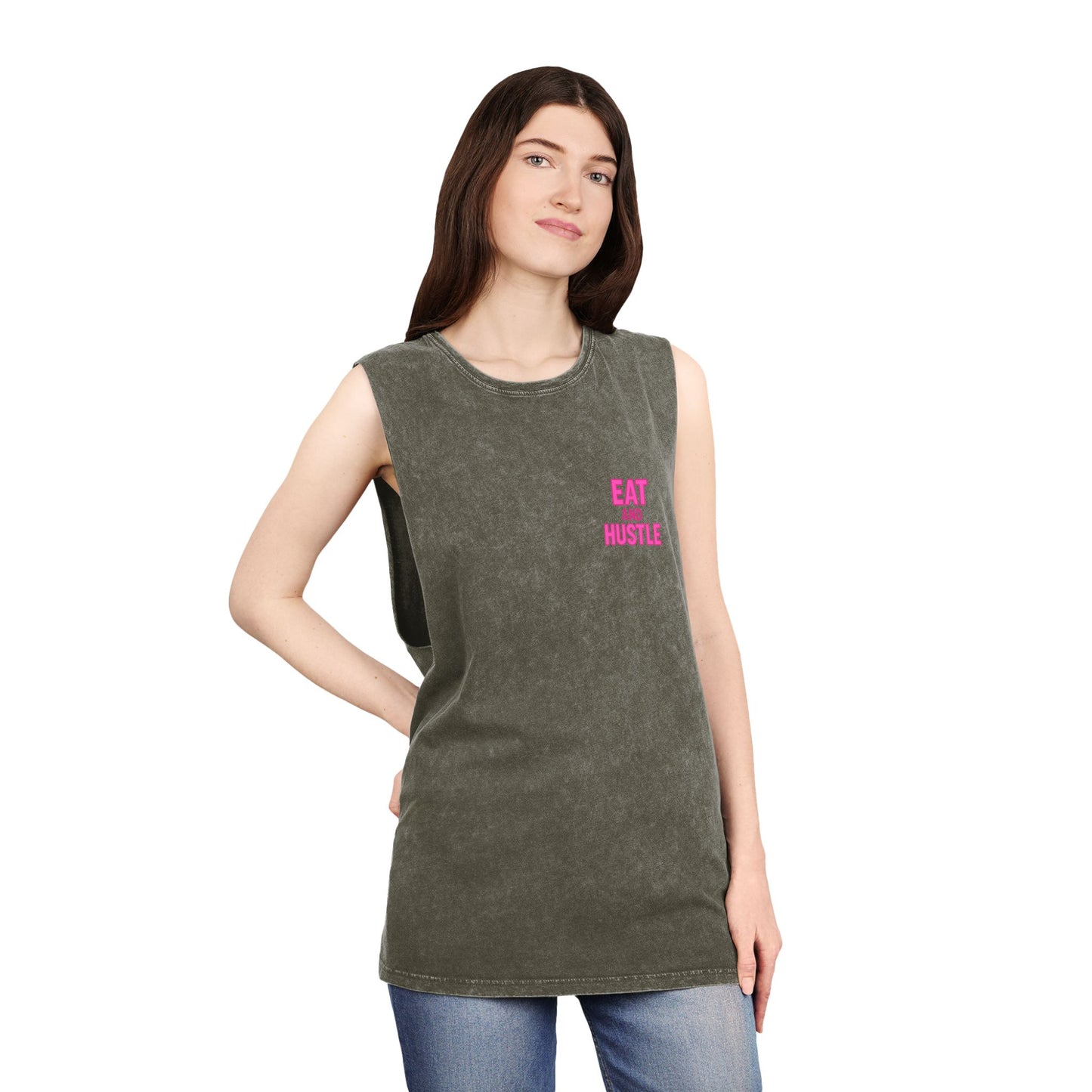 Unisex Stonewash Tank Top - Eat and Hustle, Casual Summer Wear, Gym Tank, Unique Gift, Fitness Apparel, Trendy Streetwear
