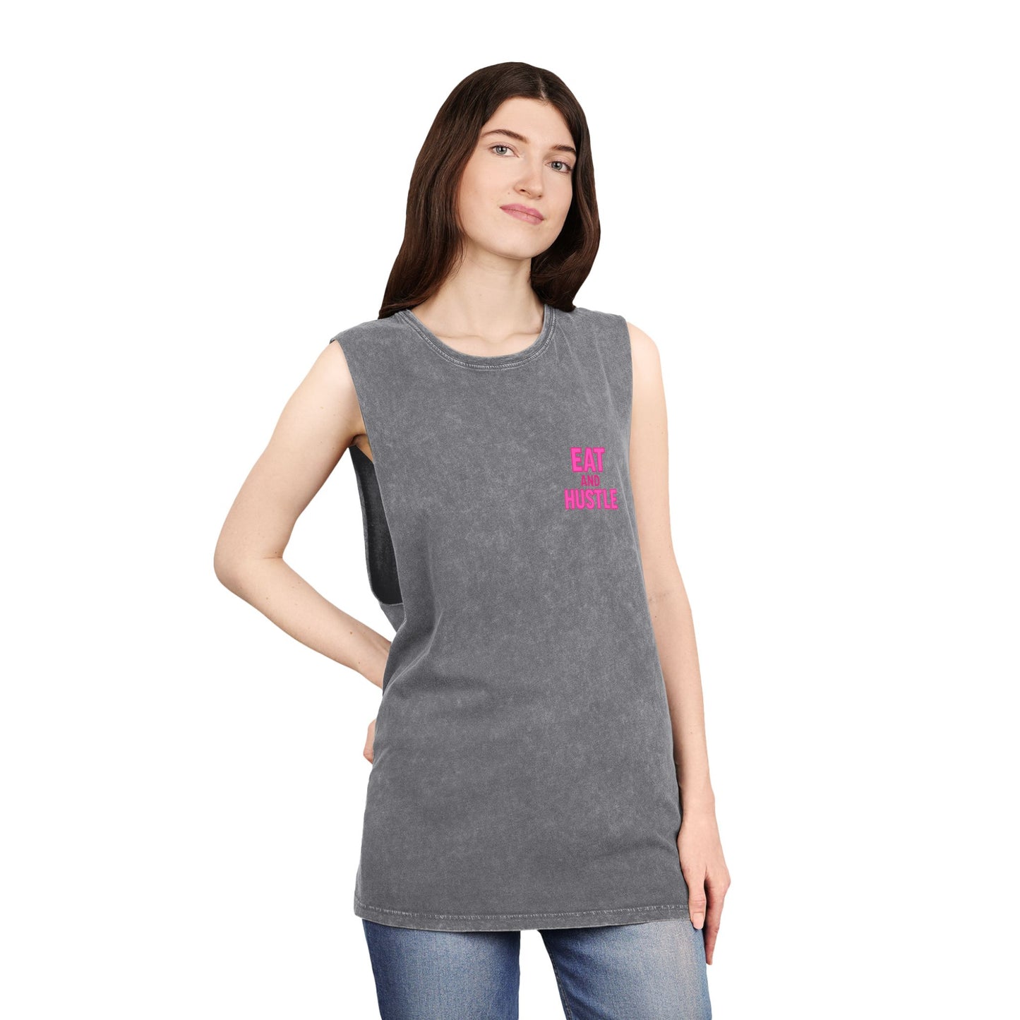 Unisex Stonewash Tank Top - Eat and Hustle, Casual Summer Wear, Gym Tank, Unique Gift, Fitness Apparel, Trendy Streetwear