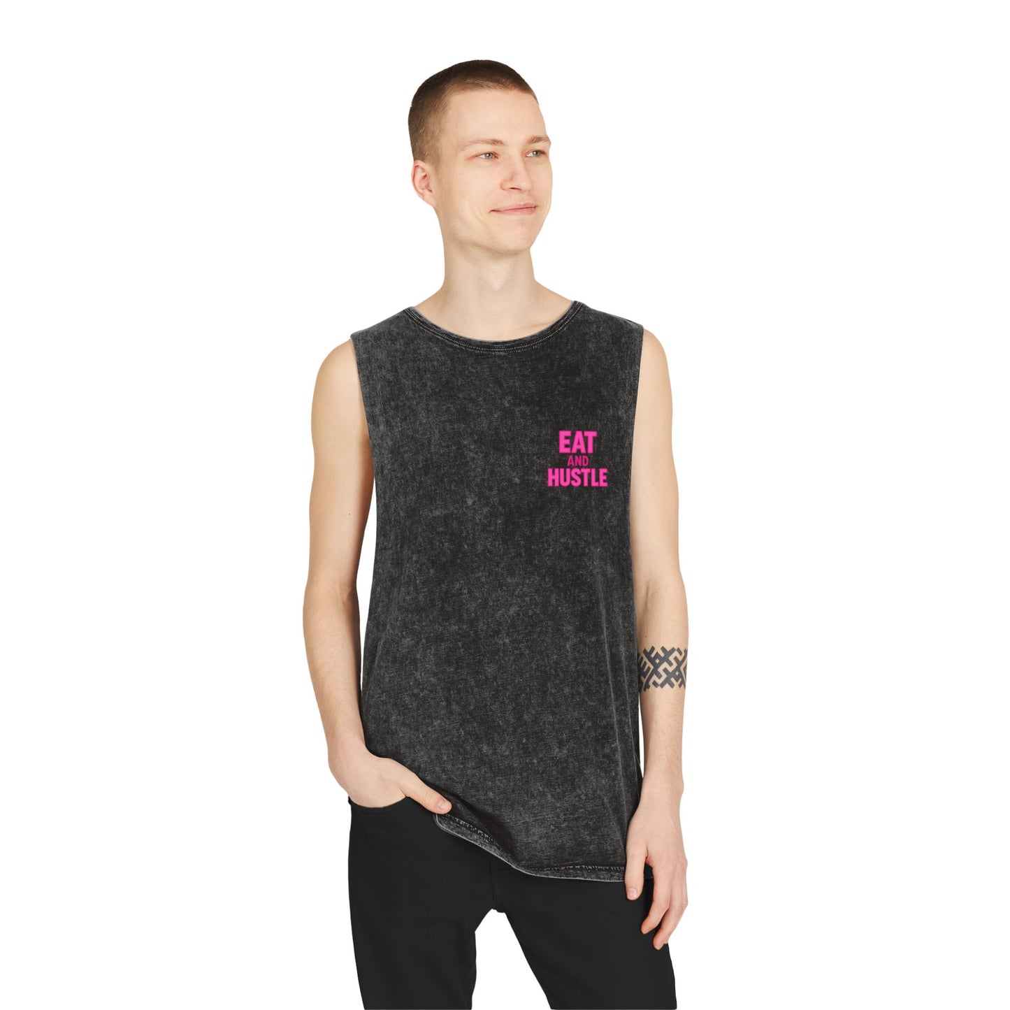 Unisex Stonewash Tank Top - Eat and Hustle, Casual Summer Wear, Gym Tank, Unique Gift, Fitness Apparel, Trendy Streetwear
