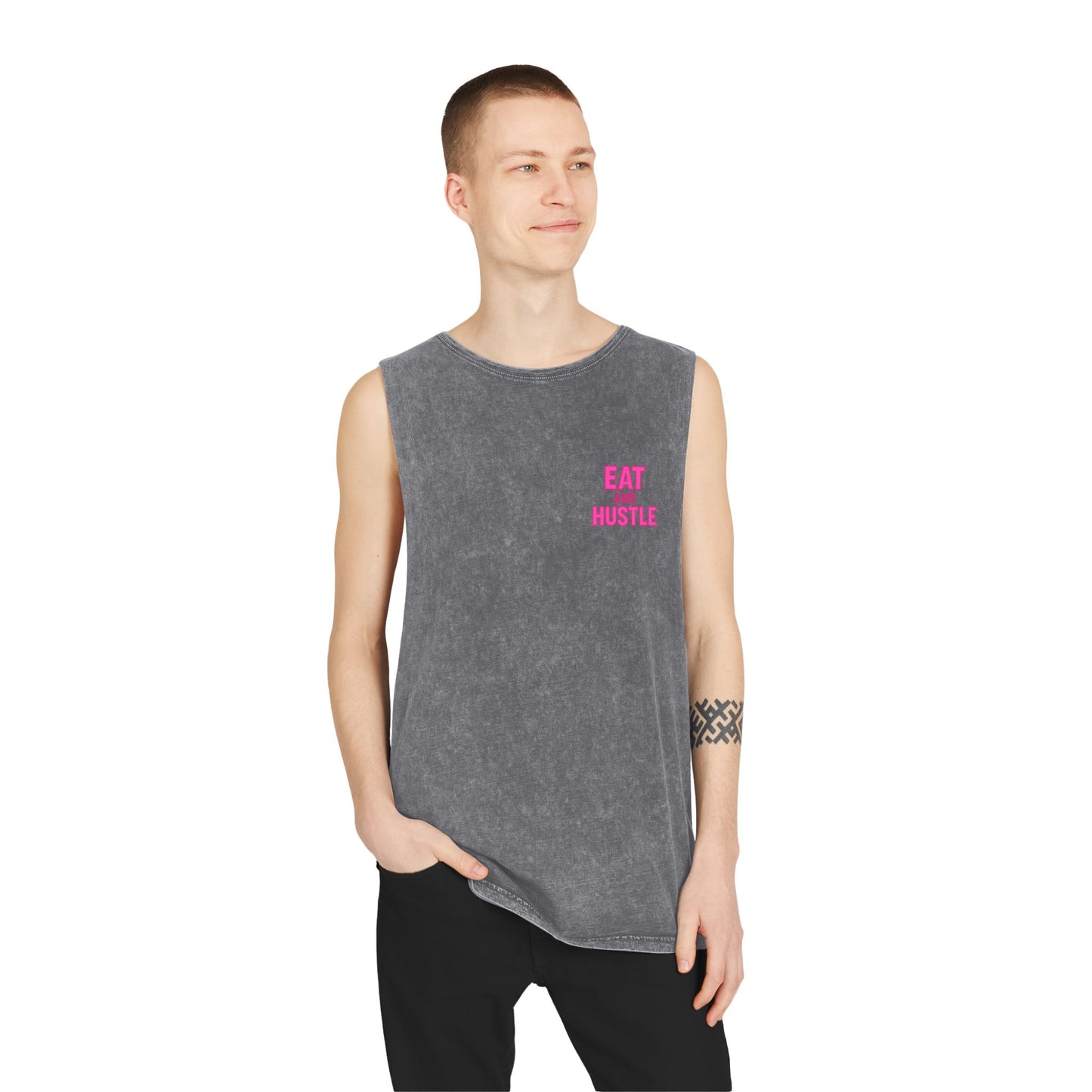 Unisex Stonewash Tank Top - Eat and Hustle, Casual Summer Wear, Gym Tank, Unique Gift, Fitness Apparel, Trendy Streetwear