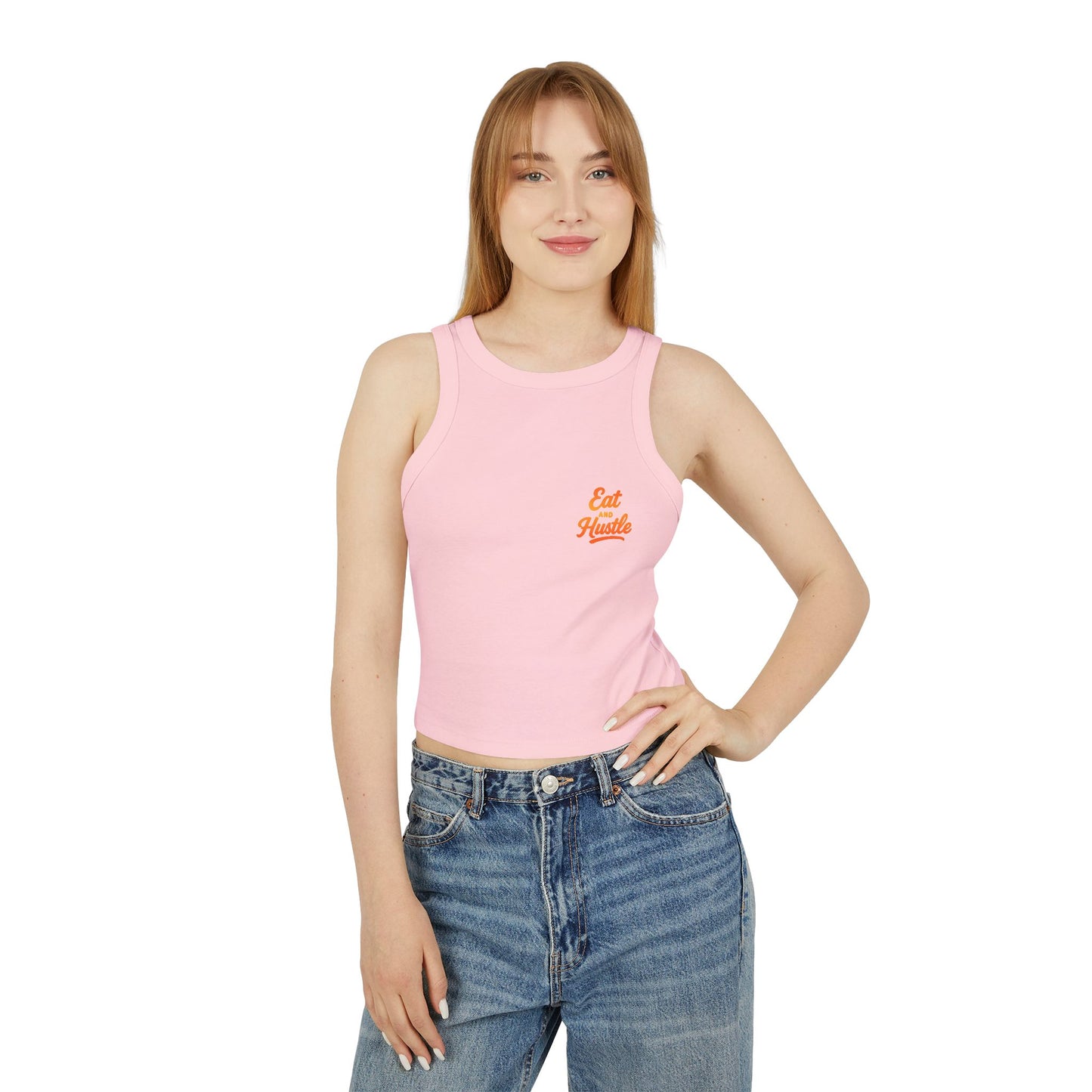 Eat and Hustle Women's Micro Rib Racer Tank Top, Motivational Workout Tee, Fitness Apparel, Gym Wear, Summer Style, Casual Outfit
