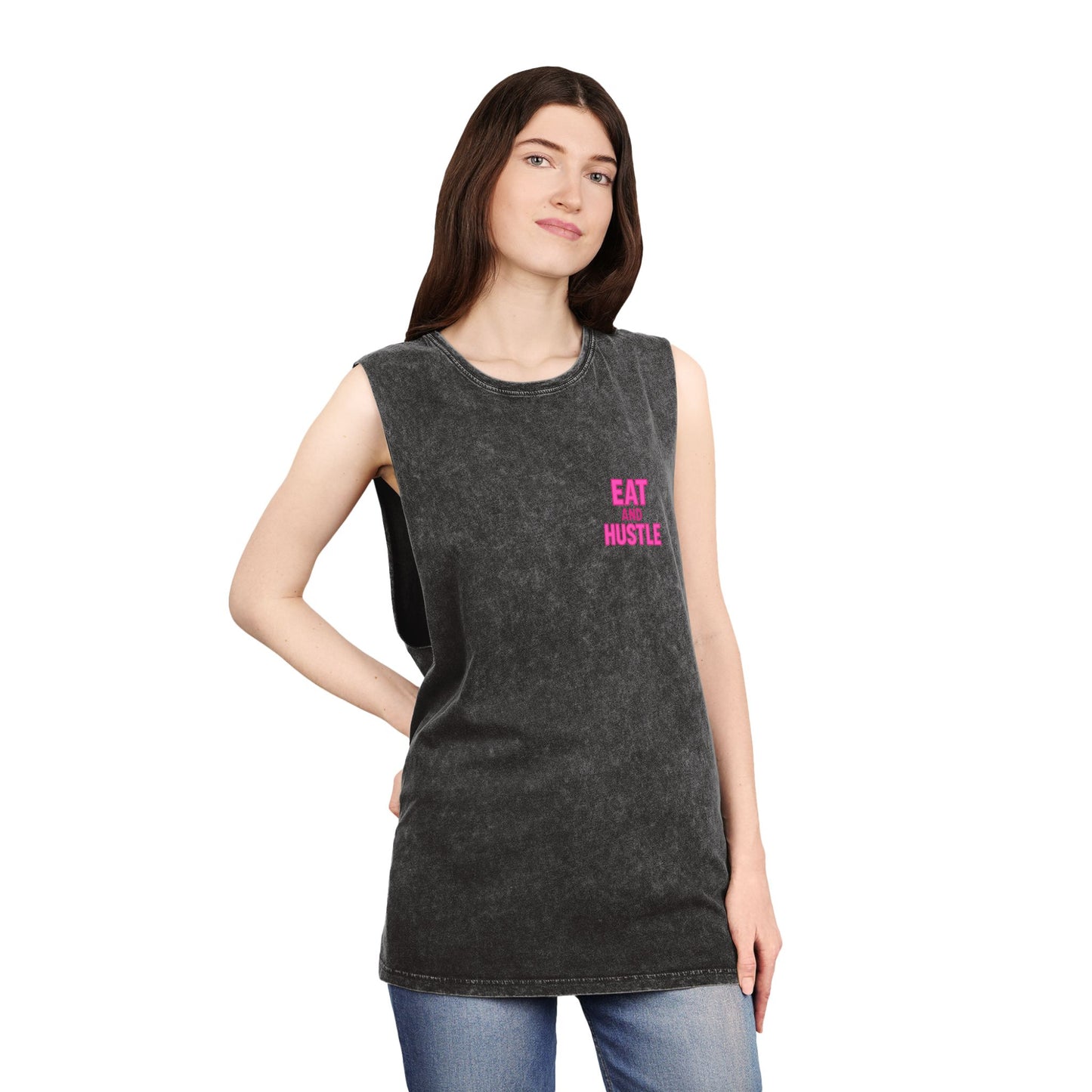 Unisex Stonewash Tank Top - Eat and Hustle, Casual Summer Wear, Gym Tank, Unique Gift, Fitness Apparel, Trendy Streetwear