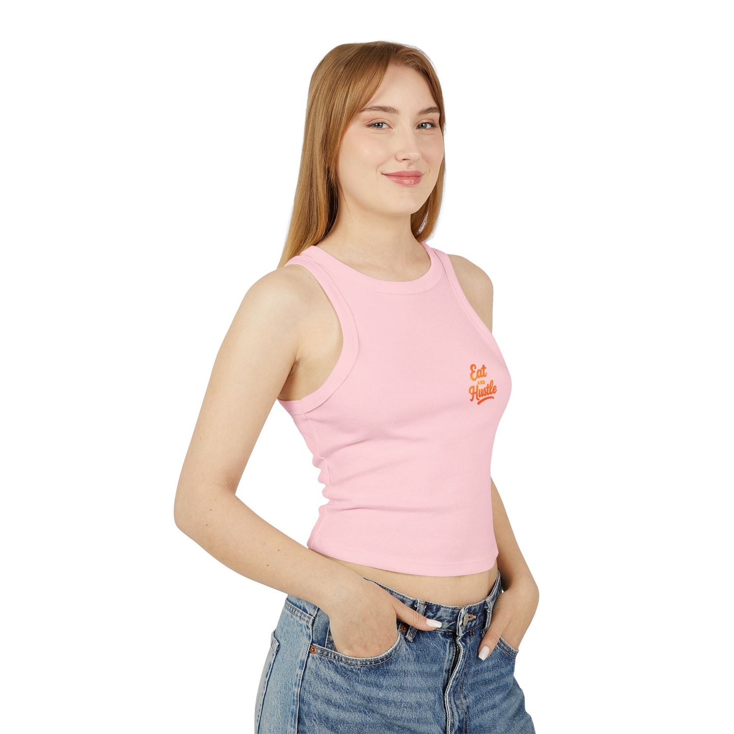 Eat and Hustle Women's Micro Rib Racer Tank Top, Motivational Workout Tee, Fitness Apparel, Gym Wear, Summer Style, Casual Outfit