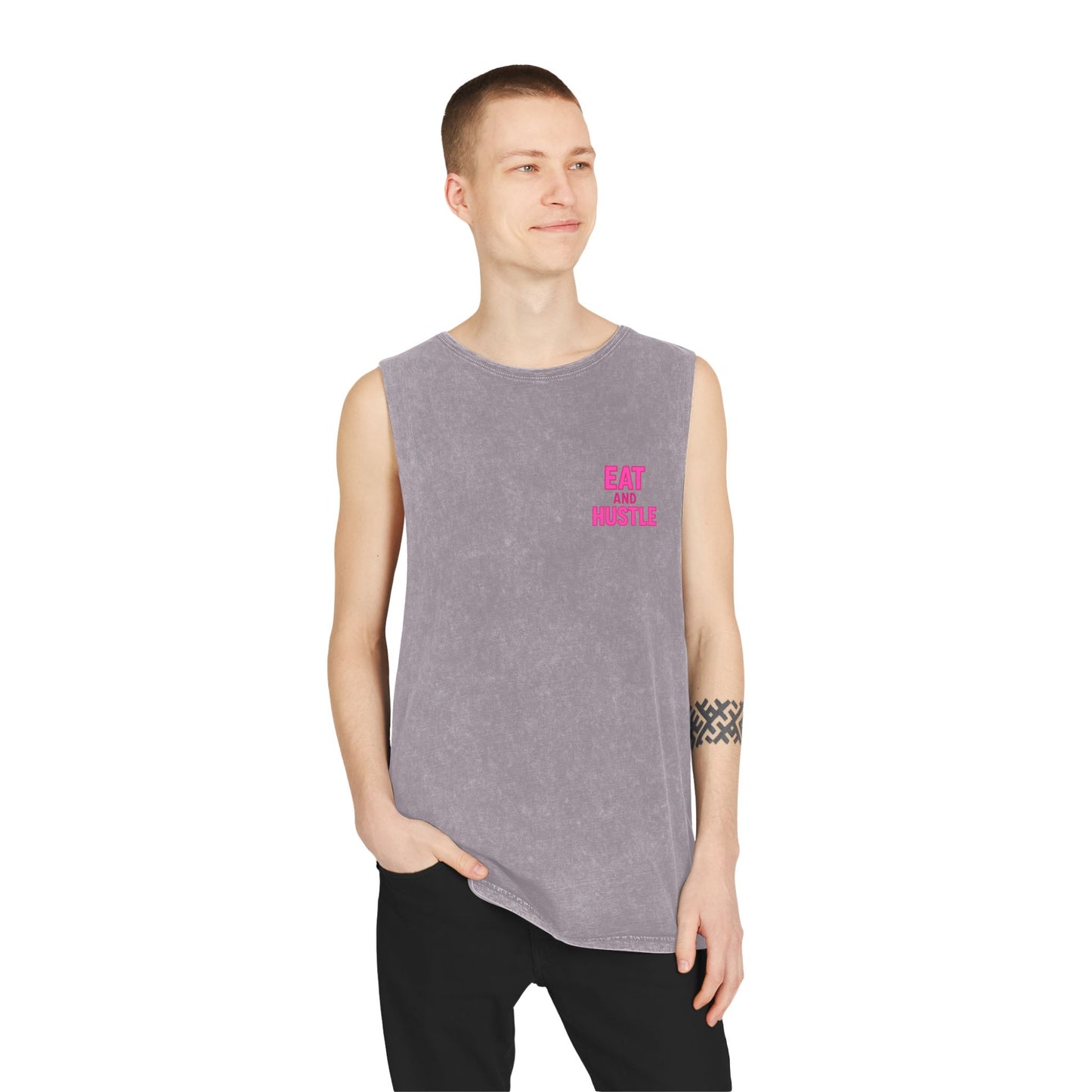 Unisex Stonewash Tank Top - Eat and Hustle, Casual Summer Wear, Gym Tank, Unique Gift, Fitness Apparel, Trendy Streetwear