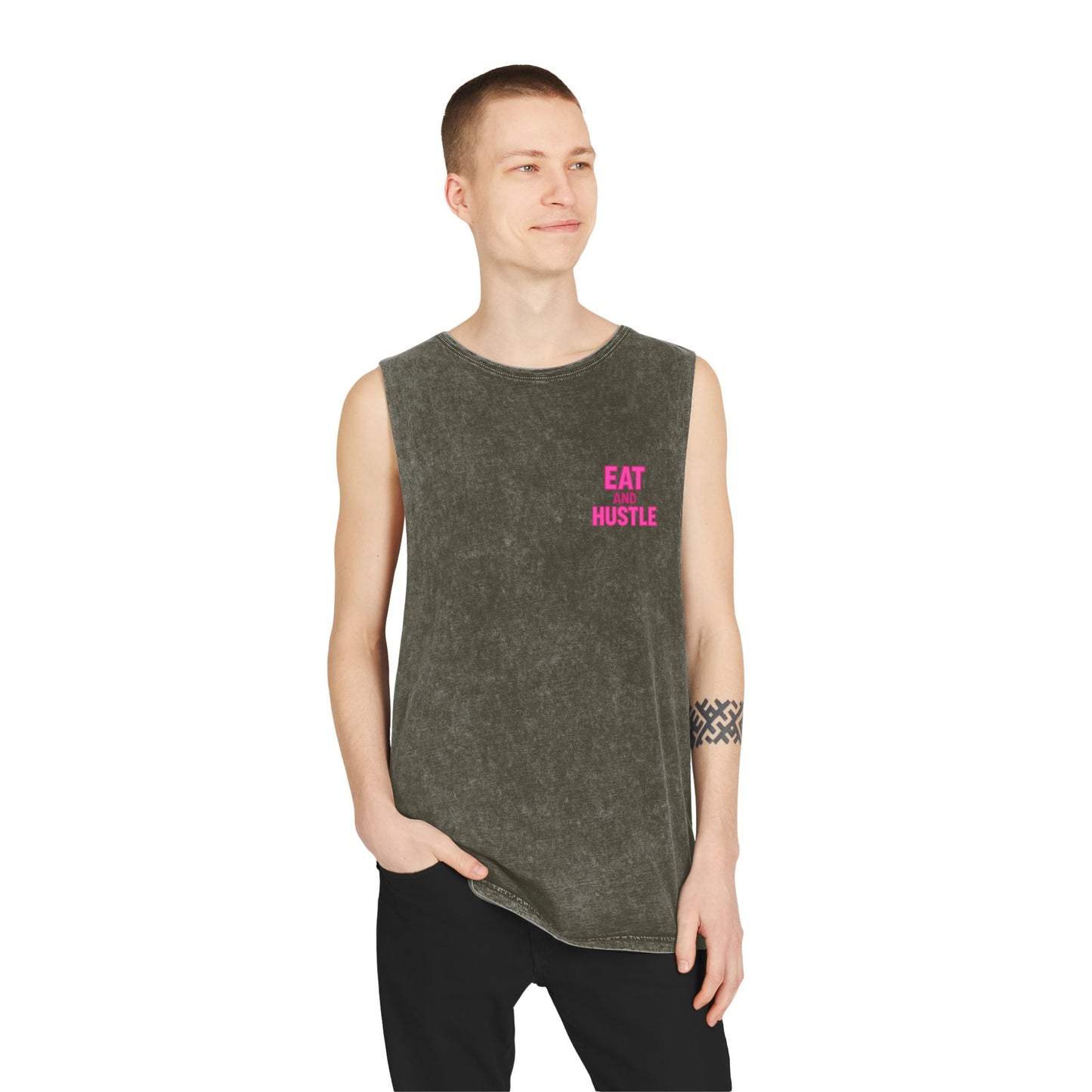 Unisex Stonewash Tank Top - Eat and Hustle, Casual Summer Wear, Gym Tank, Unique Gift, Fitness Apparel, Trendy Streetwear