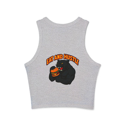 Eat and Hustle Women's Micro Rib Racer Tank Top, Motivational Workout Tee, Fitness Apparel, Gym Wear, Summer Style, Casual Outfit