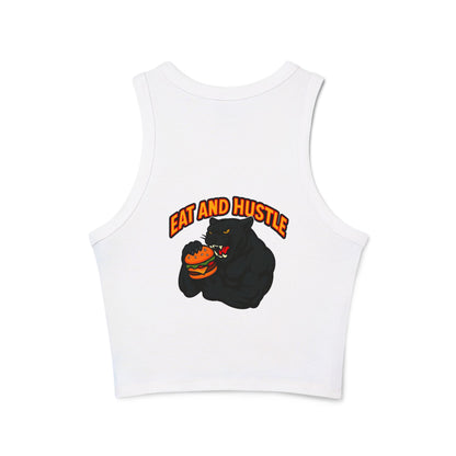 Eat and Hustle Women's Micro Rib Racer Tank Top, Motivational Workout Tee, Fitness Apparel, Gym Wear, Summer Style, Casual Outfit