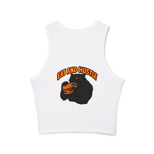 Eat and Hustle Women's Micro Rib Racer Tank Top, Motivational Workout Tee, Fitness Apparel, Gym Wear, Summer Style, Casual Outfit