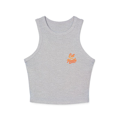 Eat and Hustle Women's Micro Rib Racer Tank Top, Motivational Workout Tee, Fitness Apparel, Gym Wear, Summer Style, Casual Outfit